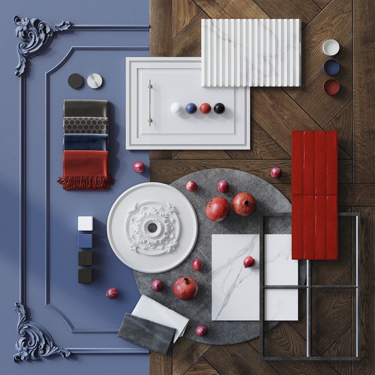 an overhead view of a dining room table with red and white decor on it's side