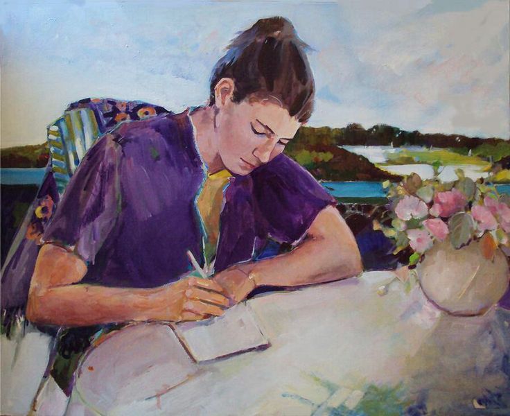 a painting of a woman sitting at a table writing on a piece of paper with flowers in the background