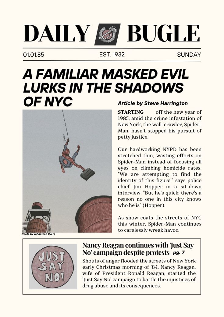 the front page of daily bugle magazine with an image of a man on a rope