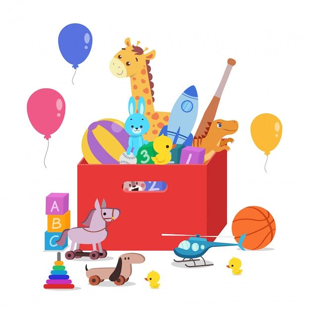 a red box filled with toys and balloons