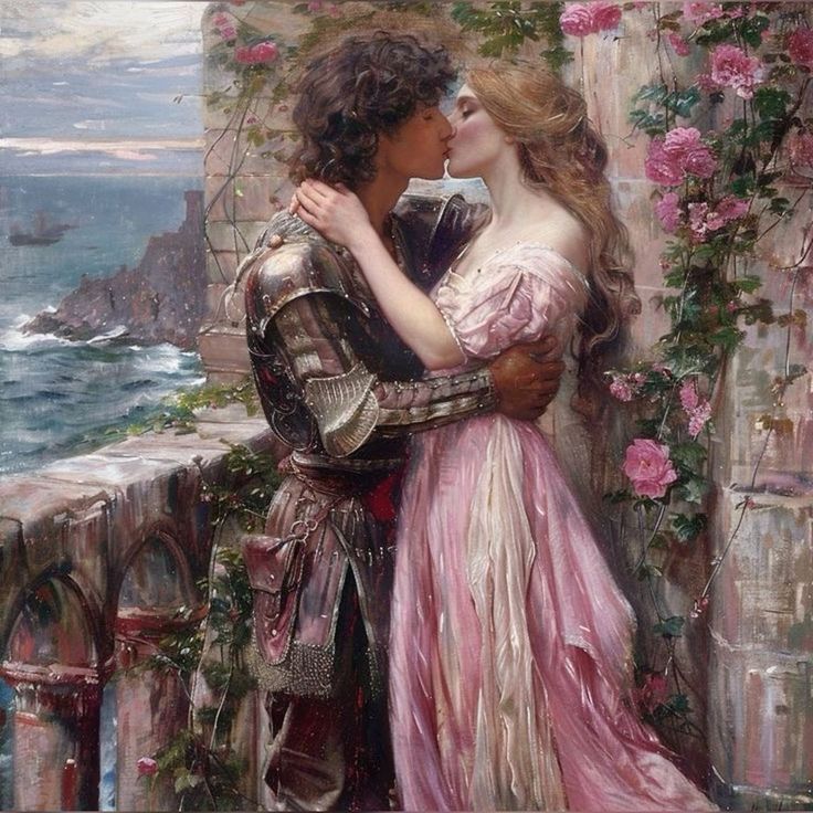 a painting of two people standing next to each other near the ocean and one is kissing