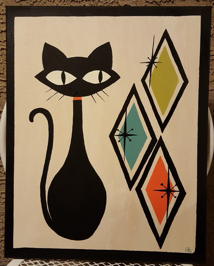 a painting of a black cat on a white background with diamond shapes in the background