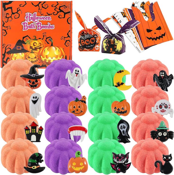 16 pack pumpkin shape bath bombs with Surprise Inside, Including 16 different Halloween toys, with Halloween themed colors bath bombs, Give Kids Unforgettable Halloween Memories. Halloween Party Favors For Kids, Halloween Gifts For Kids, Halloween Memories, Rainbow Bath Bomb, Kids Bubble Bath, Halloween Bath, Halloween Gift Bags, Party Favors For Kids, Halloween Goodie Bags