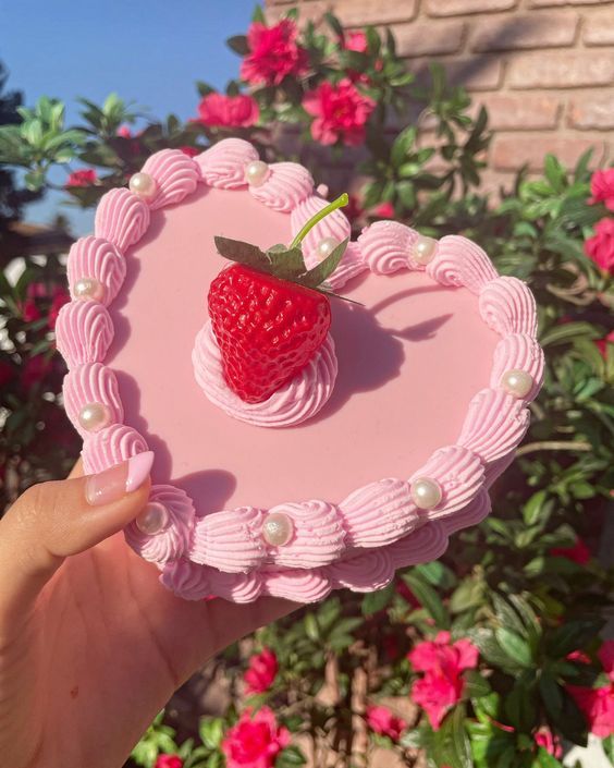 a pink heart shaped cake with a strawberry on top and pearls around the edges, in front of flowers