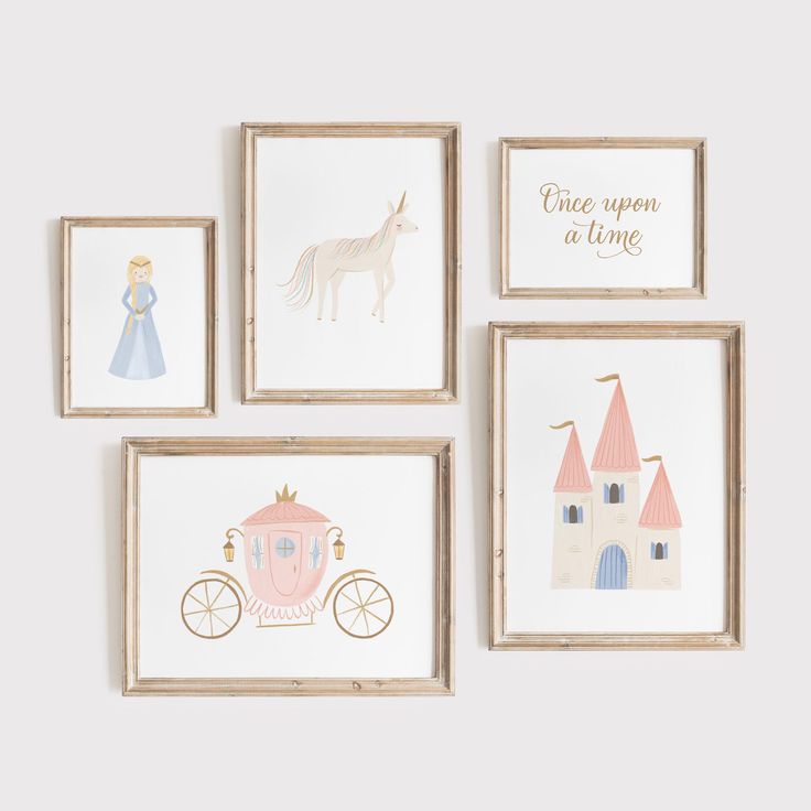 four framed wall art pieces with princess and unicorns on them, one is pink