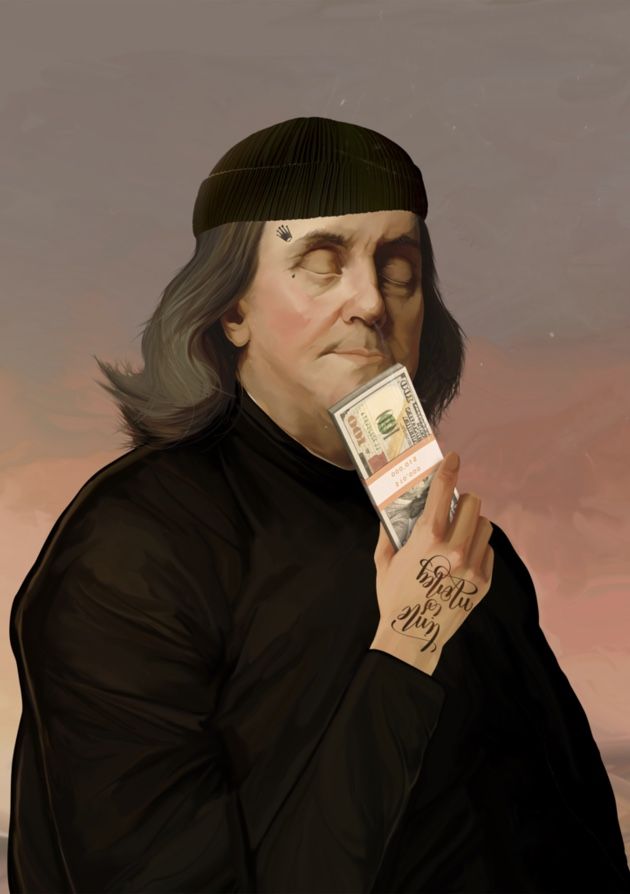 a painting of a man holding money in his hand and wearing a black hat with writing on it