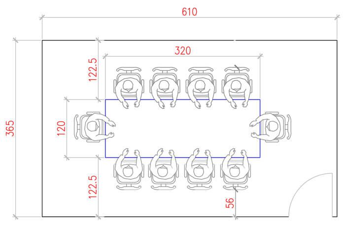 an image of a drawing of a table and chairs with measurements for each seat in the room