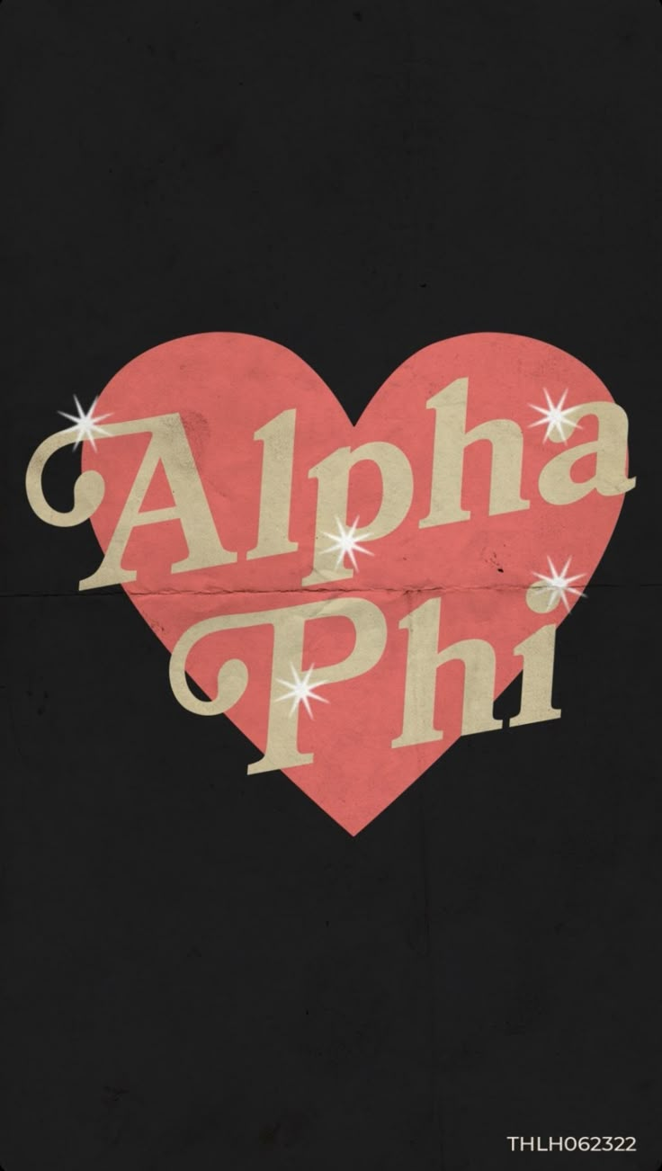 a heart with the word alpha ph on it in gold and pink letters, against a black background