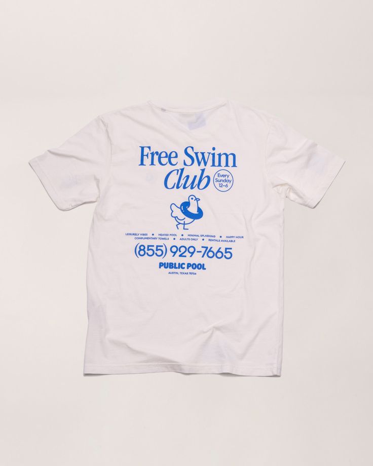 Graphic Aesthetic Tees, Swim Design Graphic, Club Tshirt Designs, Simple Graphic Tees, Simple Tshirt Design, Free Swim Club, Summer Merch, Golf Tshirt, Public Pool