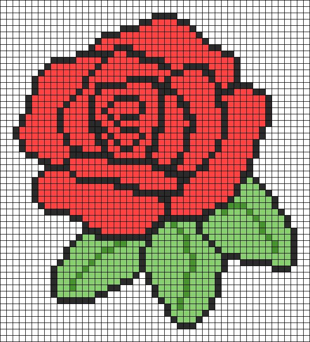 a cross stitch rose with green leaves on it