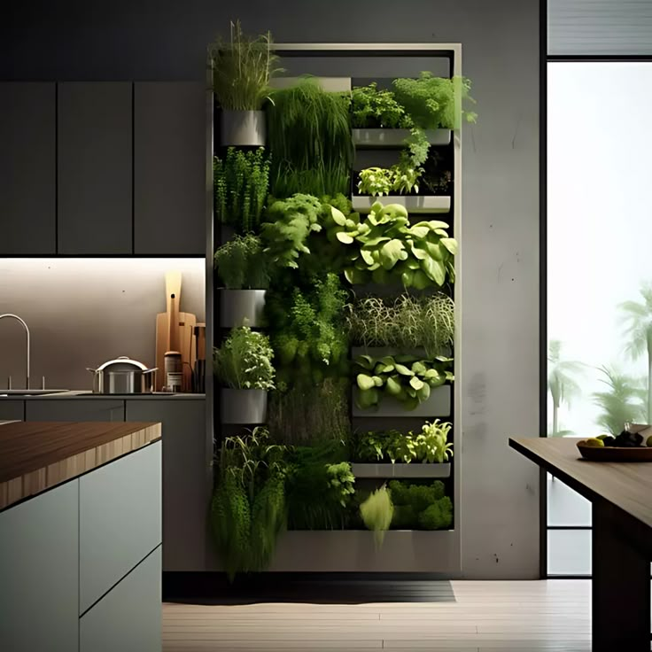 Kitchen Trends 2025 | Kitchen Design Ideas Herbs In Kitchen Wall, Live Herb Wall, Kitchen Living Wall, Living Herb Wall Kitchen, Herbs Wall Kitchen, Herbs On Wall, Hydroponic Wall Garden Indoor, Home Vertical Garden, Vertical Garden Wall Indoor Kitchen Herbs