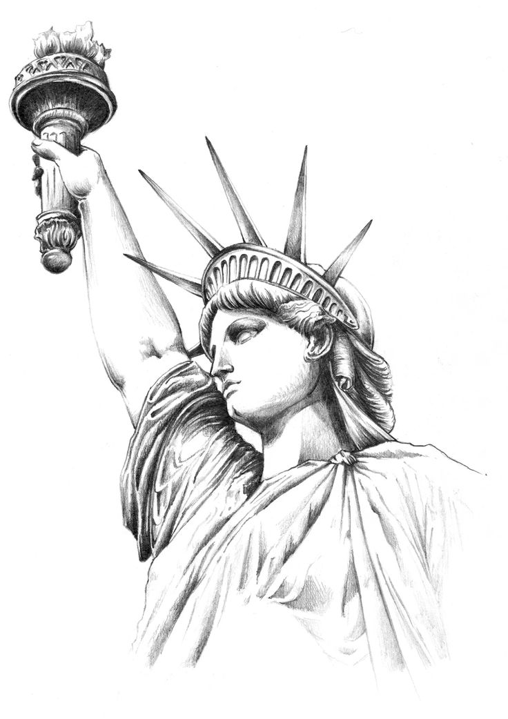 a drawing of the statue of liberty holding a torch in one hand and an apple in the other