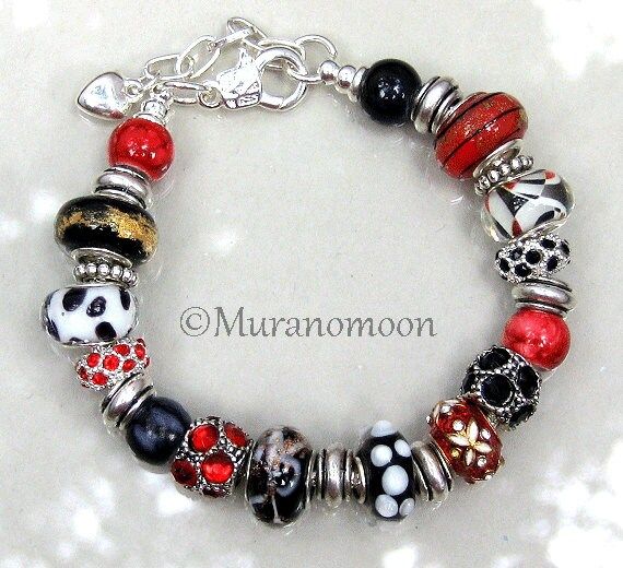 "European Charm Bracelet Black and Red Crystal Charms Red Black & White Glass Beads European Charm Beads  OPTIONAL  Choose A Charm For Your Bracelet Mom Special Mother Nana Special Nana Special Grandma Aunt Special Sister Special Daughter Princess European charm bracelet SIZE will be larger than your normal bracelet size. TO FIND THE BEST SIZE FOR YOU -  Measure your wrist - snug but not over tight or loose. Add 1\" to your wrist size. Available In Sizes 7 1/2\" 8\" 8 1/2\" 9\" each size has 1\" Normal Bracelet, Special Daughter, Custom Charm Bracelet, Pandora Style, Custom Charms, Charm Beads, Silver Snake Chain, Glass Bracelet, Glass Beaded Bracelets