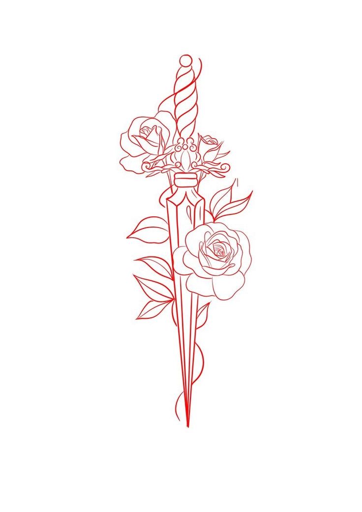 a line drawing of three roses on a white background with red lines in the middle