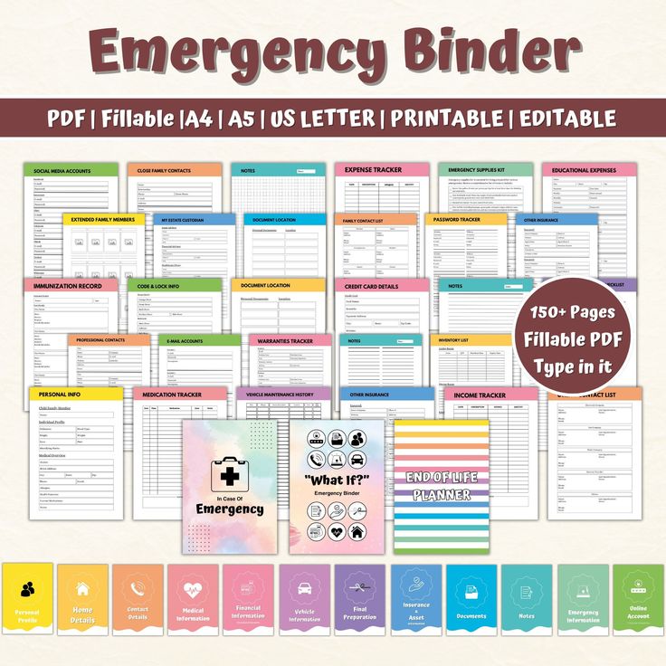 an emergency binder with the text emergency binder, and images of medical items