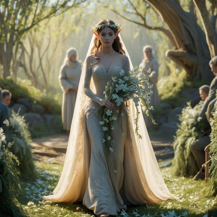 A radiant elf bride glows with joy on her wedding day👰🏻‍♀️ @ai_creations_24 #juneaicreations . . . . #elf #bride #wedding #fantasy #aiart #digitalart Elf Wedding Dress Princess, Wedding Fairy Dress, How To Love Your Elf Bride, Elf Wedding Dress Woodland, Whimsical Wedding Dress Fairies, Elven Wedding Dress Art, Long Sleeve Elven Wedding Dress, Elf Wedding Dress, Elf Wedding