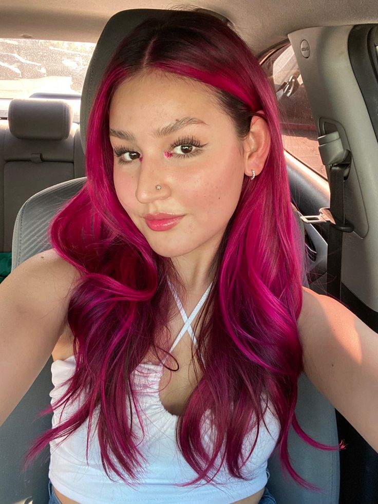 Pink Orange Nails, Fuschia Hair, Underdye Hair, Magenta Hair Colors, Pink Hair Streaks, Dark Pink Hair, Bright Pink Hair, Pink Ombre Hair, Magenta Hair