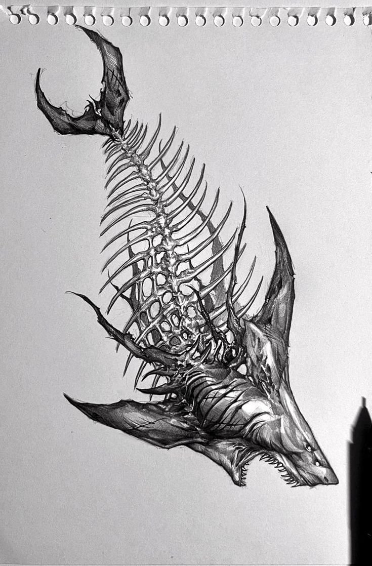 a drawing of a fish skeleton on a sheet of paper