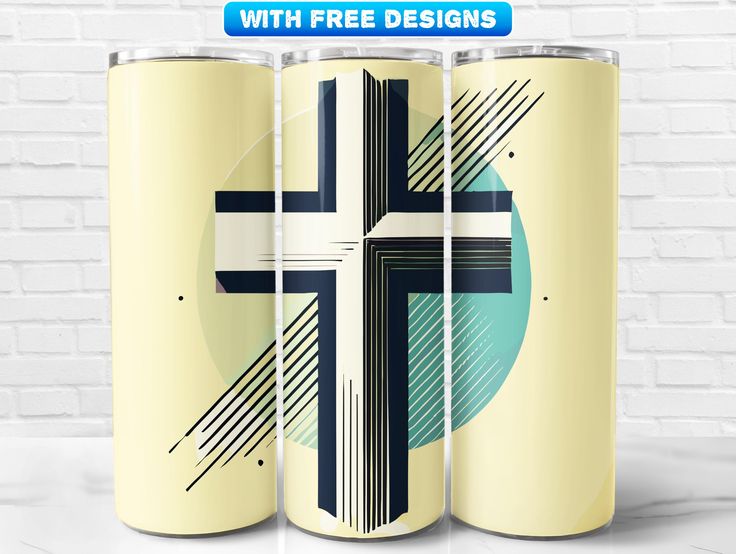 three cans with the same design on them, one has a cross painted on it