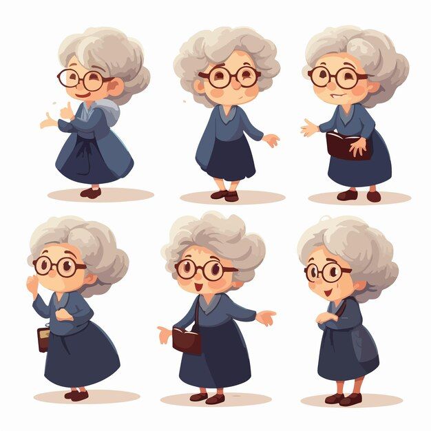 an old woman in various poses with glasses on her head and holding a book, pointing at