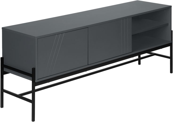 an entertainment center with two doors and shelves on one side, black metal legs and dark wood top