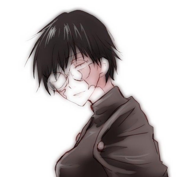 an anime character with black hair and glasses, wearing a brown jacket while holding his hand to his face