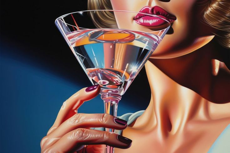 a painting of a woman holding a martini glass with liquid in it's hand