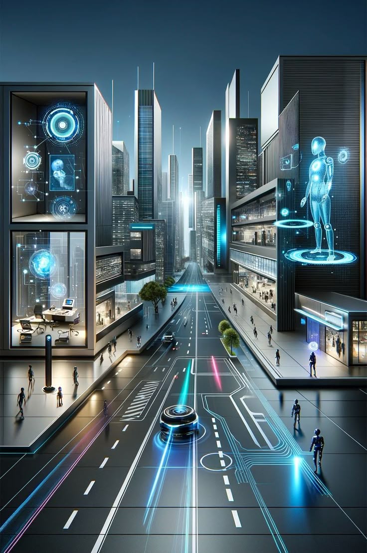 an image of a futuristic city street scene with people walking on the sidewalks and cars driving down the road