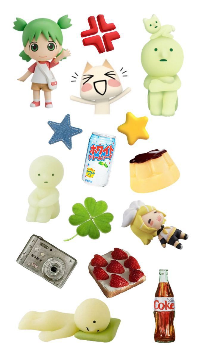 various toys and food are arranged on a white surface