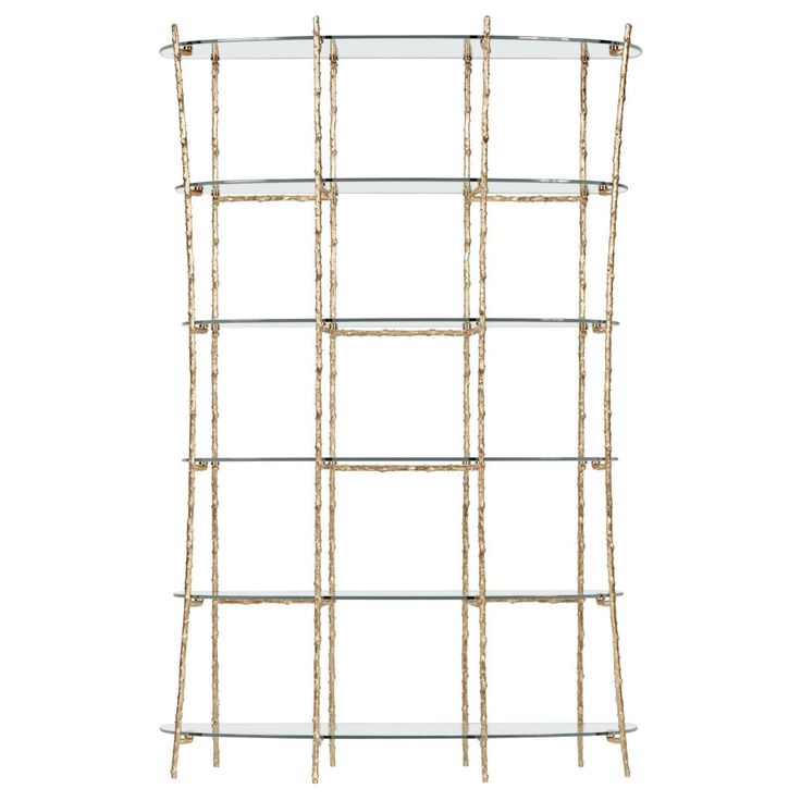 a bamboo shelf with glass shelves on each side and branches hanging from the top, against a white background