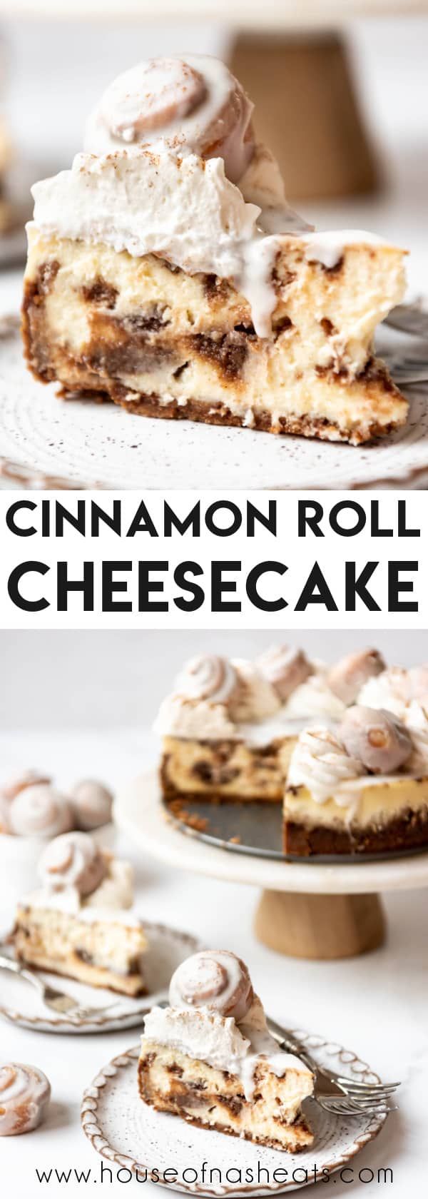 cinnamon roll cheesecake on a plate with the rest of the cake in the background