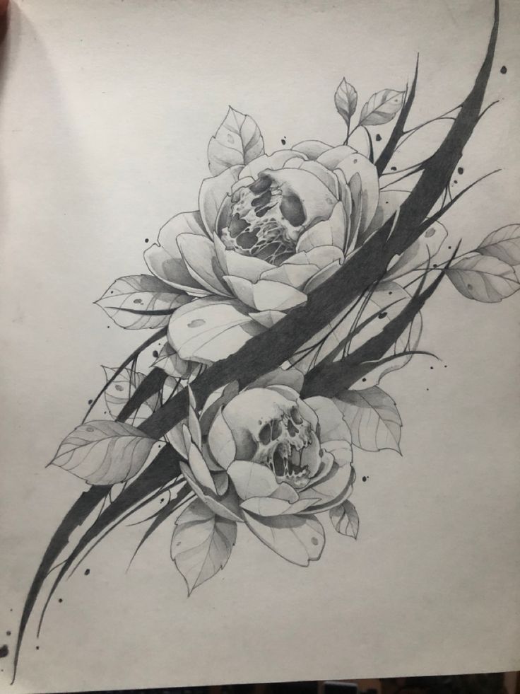 a pencil drawing of flowers on paper with watercolors and inking applied to it