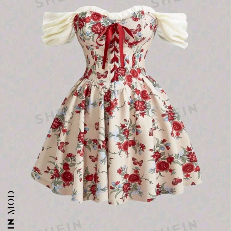 Apricot Color Dress With Red Floral Pattern Off The Shoulder Sleeves Red Corset Style Tie In Front Vintage Red Floral Print Mini Dress, White Dress With Red Flowers, Fromal Dress, Black 2 Piece Dress, 15 Birthday Dresses, Strawberry Print Dress, Dustin Henderson, Castle Combe, 15 Birthday