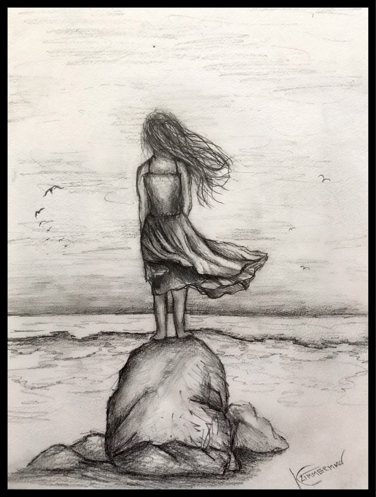 a drawing of a girl standing on top of a rock at the beach with her hair blowing in the wind