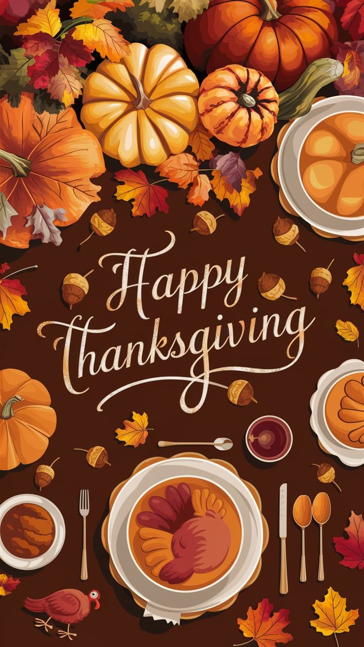 a thanksgiving card with pumpkins, leaves and other autumn decorations on it's table