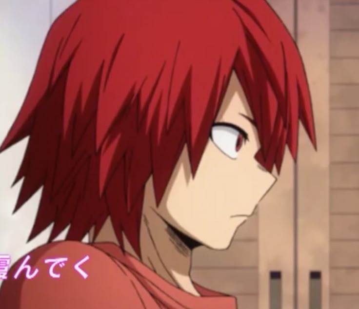 an anime character with red hair and blue eyes looking at something in front of him