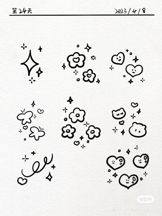 an image of some drawings on paper with hearts and stars in the sky above them