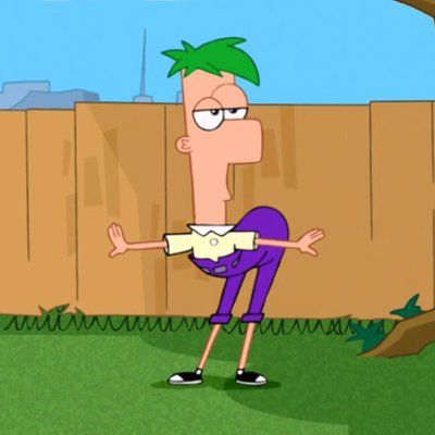 a cartoon character with green hair wearing purple pants and black shoes, standing in front of a fence