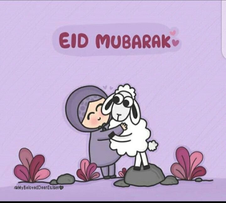 a cartoon character hugging a sheep with the words eid mubarak above it