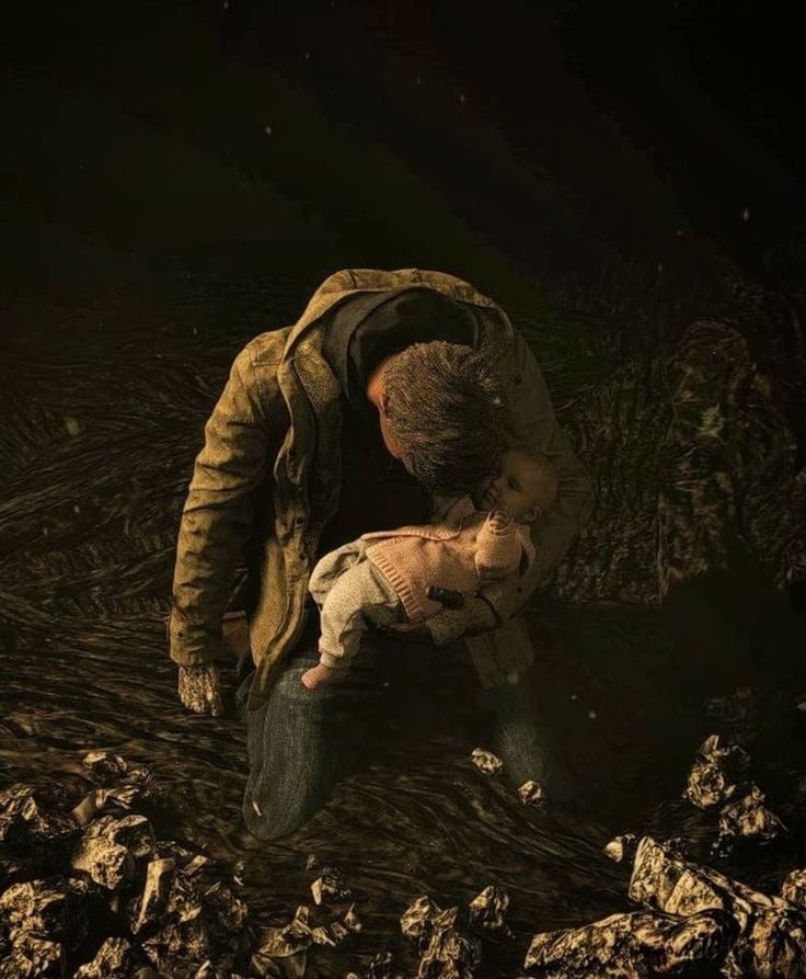 a man holding a baby in his arms while standing on rocks and dirt covered ground