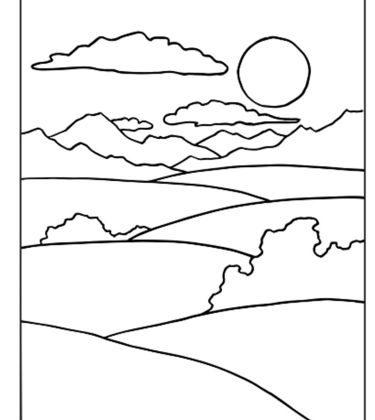 a black and white drawing of a landscape with mountains, clouds, and the sun