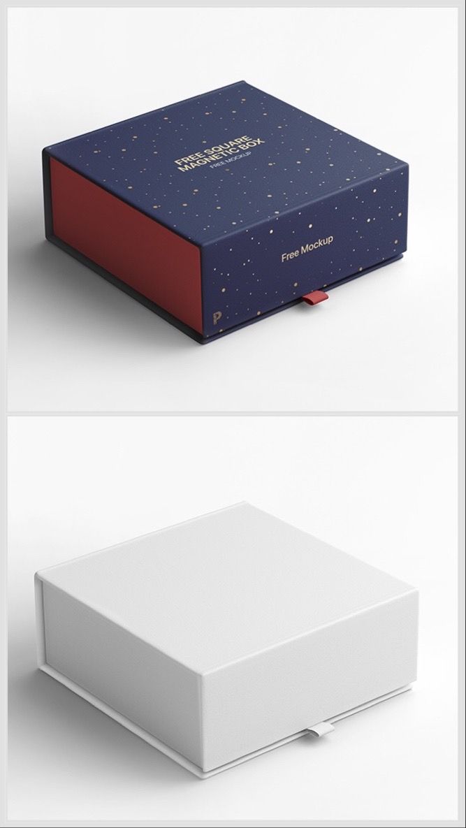 two boxes with different colors and designs on them, one is white and the other is blue