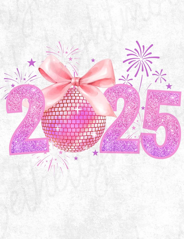 the number twenty five with a pink ball and bow on it's head is surrounded by fireworks