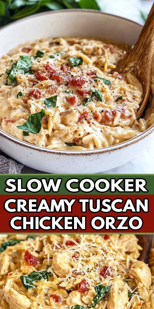 this slow cooker creamy tuscann chicken orzo is an easy dinner recipe