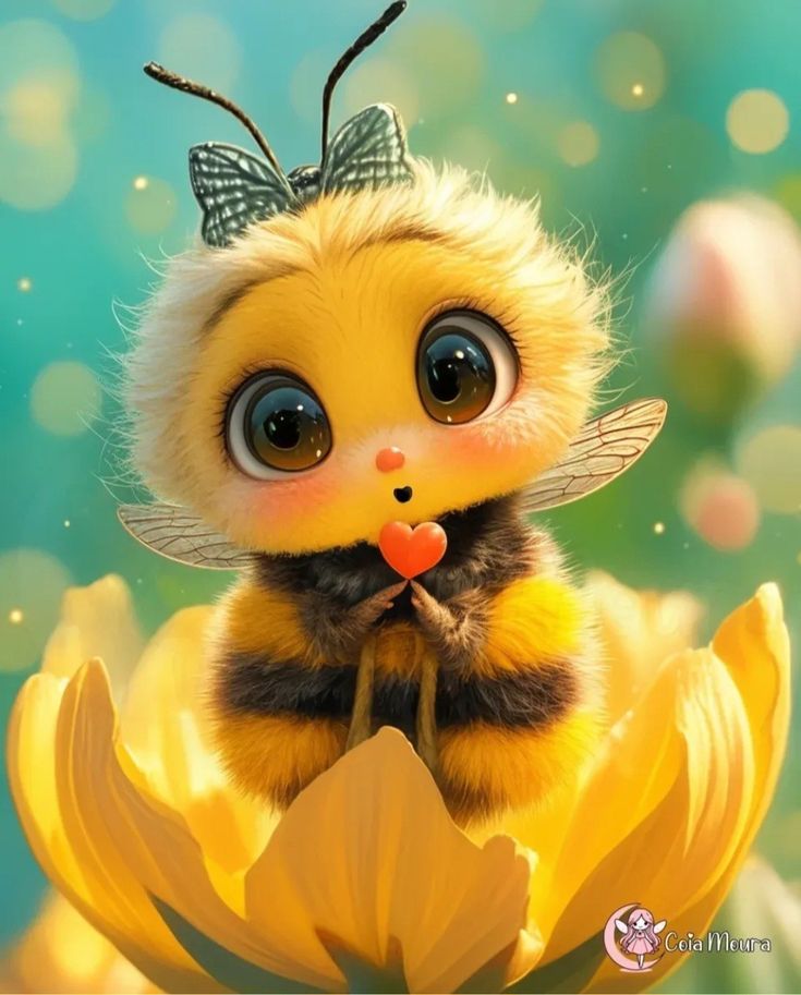 a cute little bee sitting on top of a flower with a heart in it's mouth