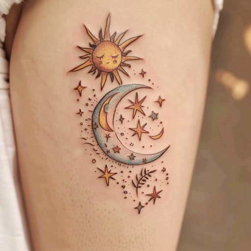 Sun And Moon Tattoo Master Files Fun Cute Tattoo Ideas, Moon Unique Tattoo, 90s Celestial Tattoo, Pretty First Tattoos, Whimsical Sun And Moon Tattoo, Traditional Style Moon Tattoo, Whimsical Art Tattoo, Color Thigh Tattoos Women, Thigh Tattoos Ideas For Women