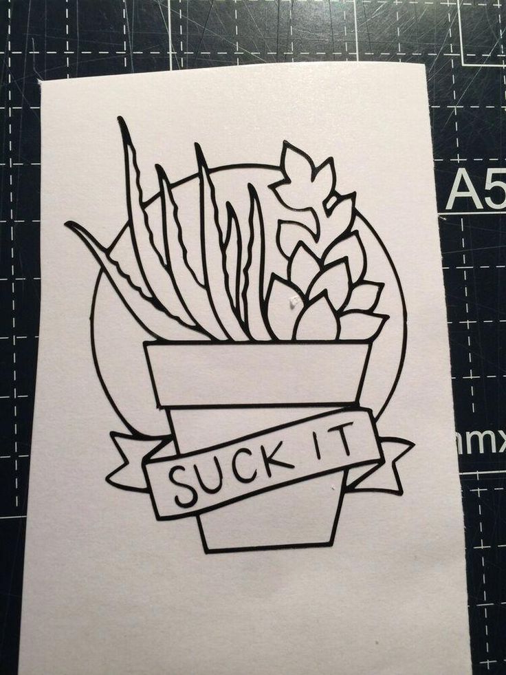 a drawing of succulents in a flower pot with a ribbon around it