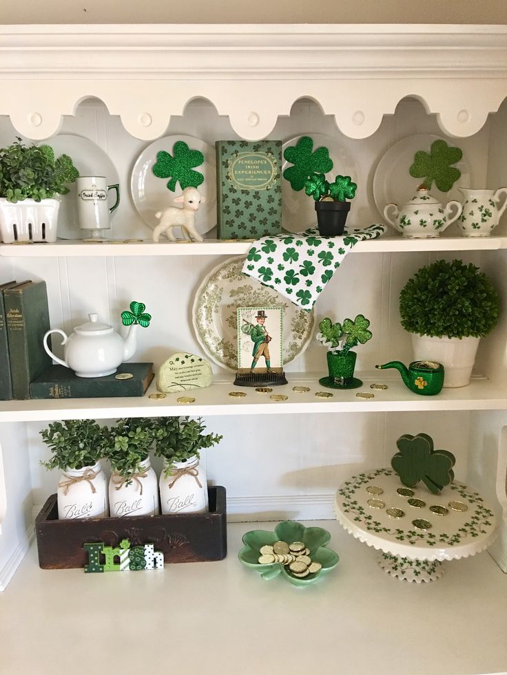 a shelf with potted plants, plates and other items on it's shelves