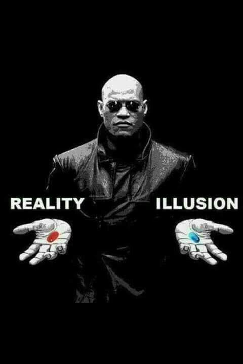 a man in black jacket holding two hands with the words reality illusion on it