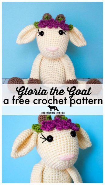 two pictures of a stuffed animal with flowers in their hair and the words, giraffe the goat a free crochet pattern